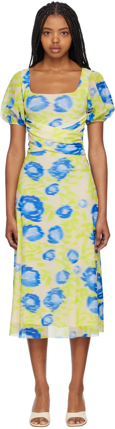GANNI GREEN & BLUE PRINTED MIDI DRESS