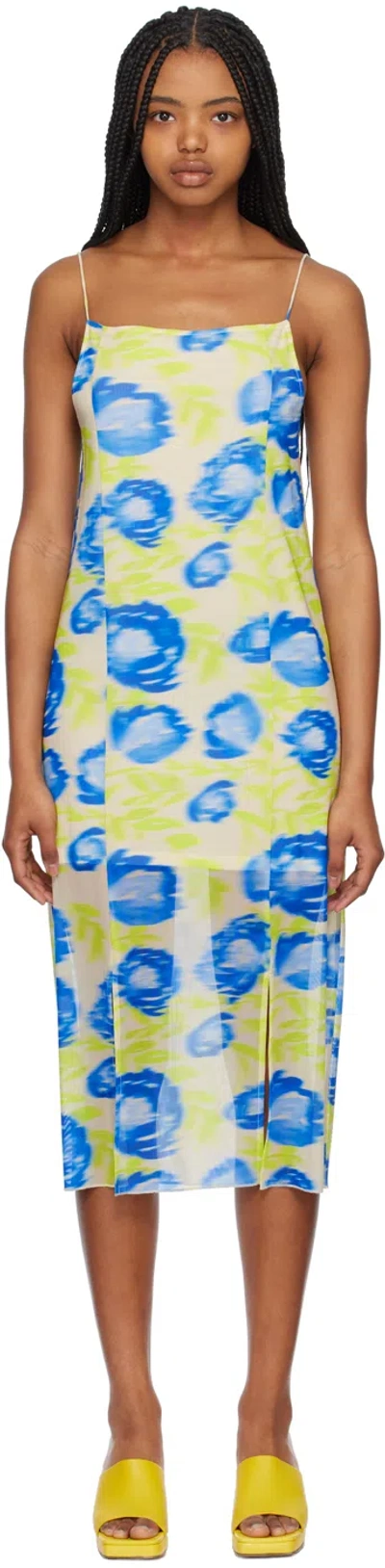 GANNI GREEN & BLUE PRINTED MIDI DRESS