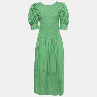 Pre-owned Ganni Green Broderie Anglaise Cotton Midi Dress S