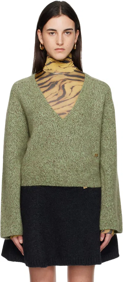 Ganni Green Brushed Mohair Mix Deep V-neck Sweater In Multi