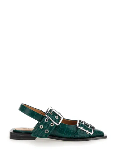 Ganni Green Buckle Ballet Flats