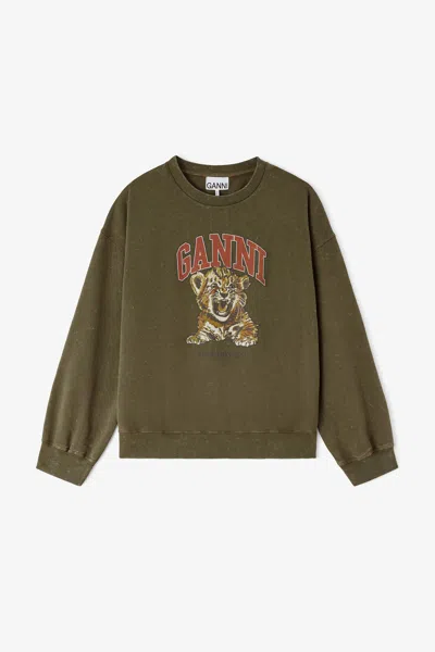 Ganni Green Crewneck With Tiger - Size 2xl Organic Cotton