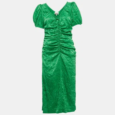 Pre-owned Ganni Green Crinkled Satin Ruche Detail Midi Dress M