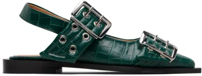Ganni Green Feminine Buckle Ballerina Flats