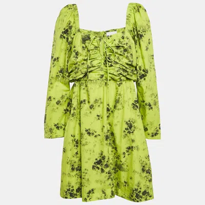 Ganni Green Floral Print Cotton Gathered Mini Dress In Multi