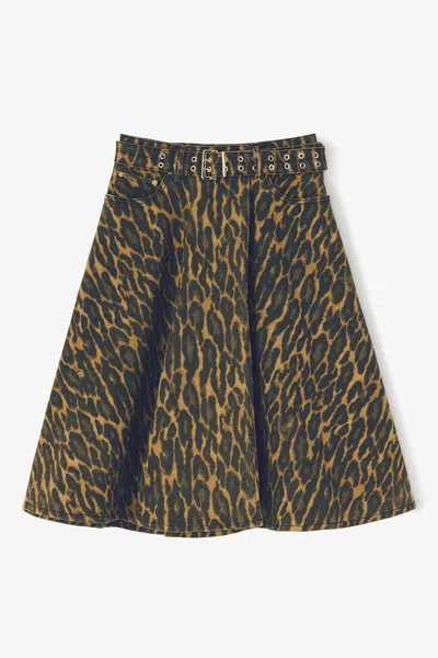 Ganni Green Leopard Denim Wrap Skirt - Size 42 Organic Cotton In Brown