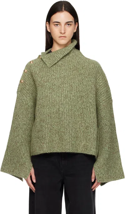 Ganni Melange Brushed Wool-blend Jumper In Green