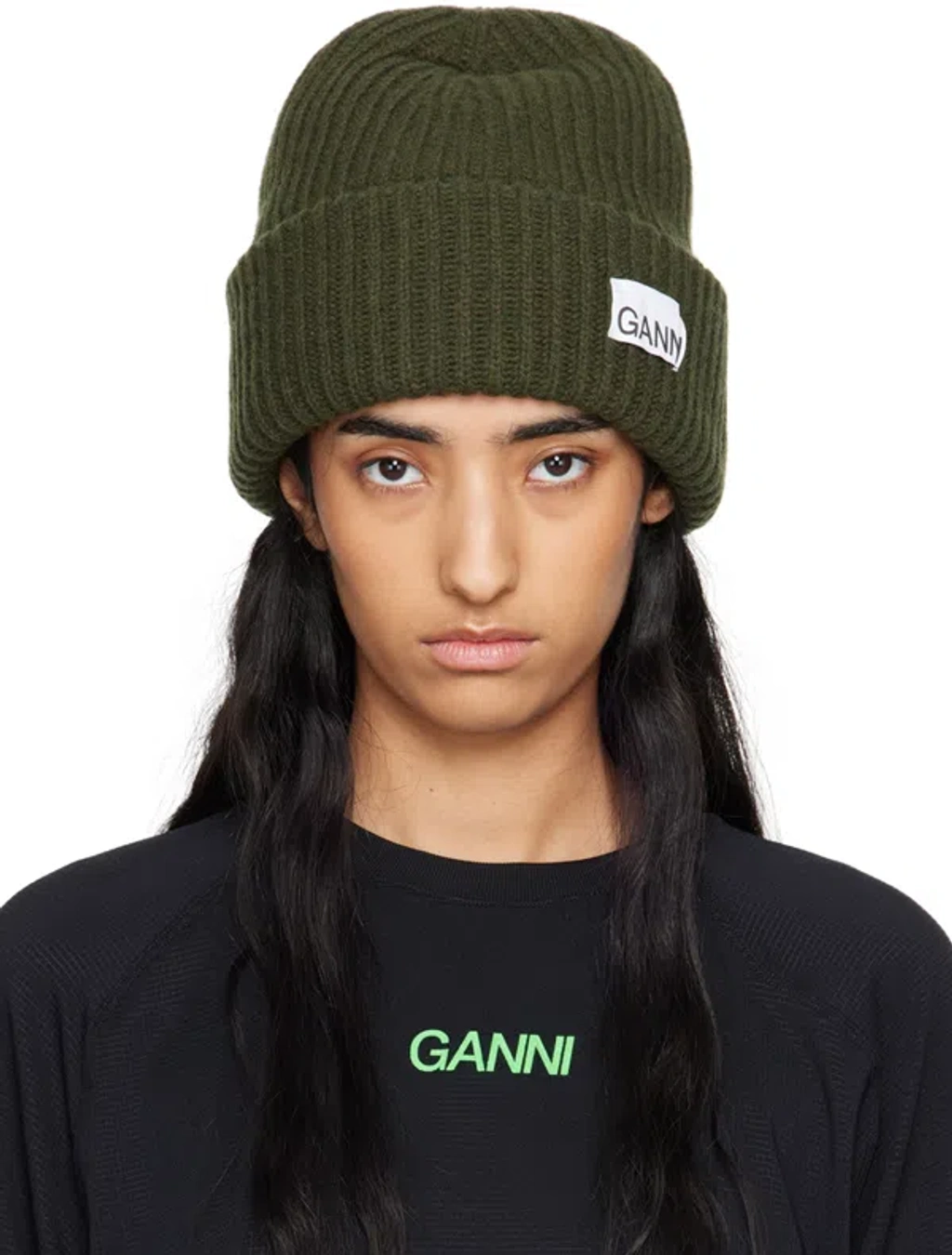Ganni Green Oversized Wool Rib Knit Beanie In 861 Kalamata  display picture 3