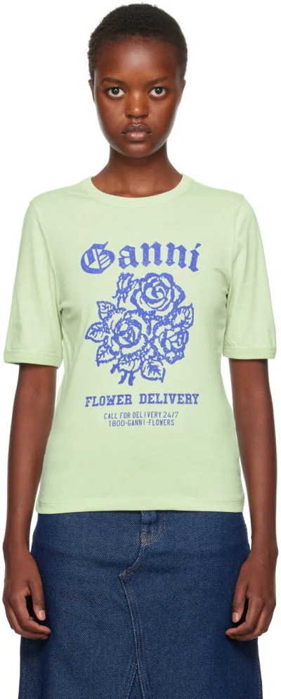 Ganni Green Printed T-shirt In 822 Sea Foam