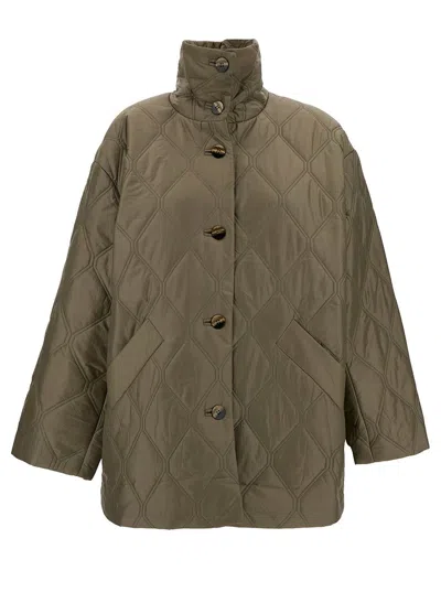 GANNI GREEN QUILTED JACKET WITH HIGH NECK AND BUTTONS IN RECYCLED POLYAMIDE WOMAN