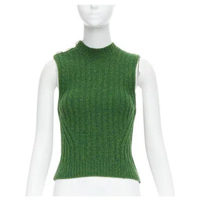 Pre-owned Ganni Green Recycled Wool Blend Crystal Button Crew Cropped Vest Xxs