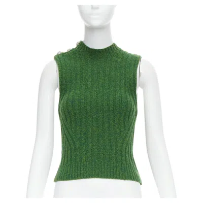 Pre-owned Ganni Green Recycled Wool Blend Crystal Button Crew Cropped Vest Xxs