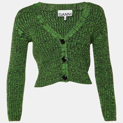 Ganni Green Rib Knit Button Front Cardigan