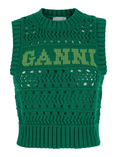 GANNI GREEN CROCHET VEST WITH LOGO IN COTTON WOMAN