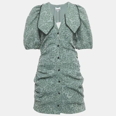 Pre-owned Ganni Green Rose Jacquard Ruched Button Front Mini Dress M