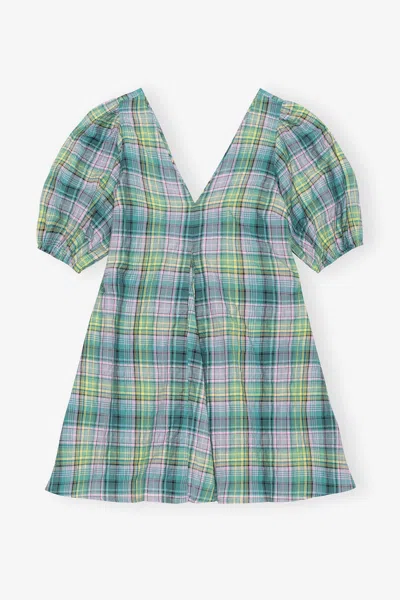 Ganni Seersucker Check V-neck Mini Dress In Green