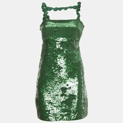 Pre-owned Ganni Green Sequin Twisted Sleeve Mini Dress Xxs