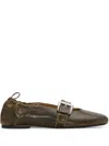 Ganni Dark Olive Green Flats With Buckle Strap In Burgundy