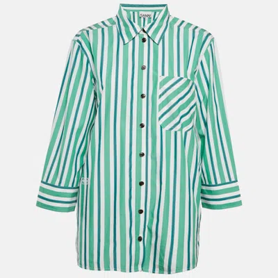 Ganni Green Striped Cotton Button Front Oversized Shirt S