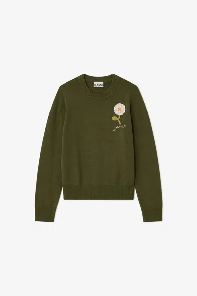Ganni Green Sweater With Crochet Flower - Size Xxs Wool