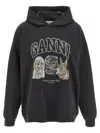 Ganni Oversize Cotton Sweatshirt With Hood And Graphic Print In Black