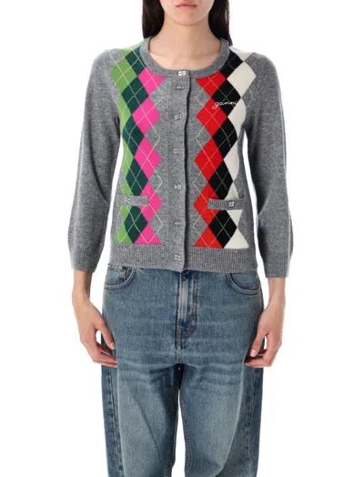 GANNI GREY ARGYLE-PATTERN CARDIGAN