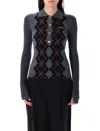 Ganni Slim-fit Knitted Polo Shirt With Check Pattern In Blue