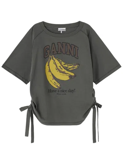 Ganni Grey Banana T-shirt - Size L/xl Organic Cotton In Gray
