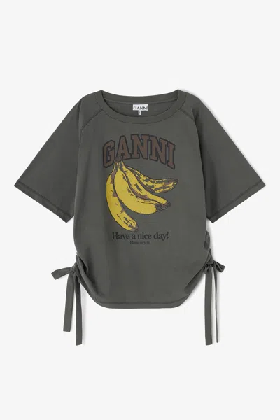 Ganni Anthracite Ss T-shirt Banana Logo Bow In Gray