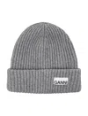 Ganni Melange Grey Logo Beanie In Grey