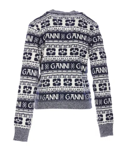 GANNI GREY CARDIGAN WITH GRAPHIC PRINT ALL-OVER IN WOOL BLEND WOMAN