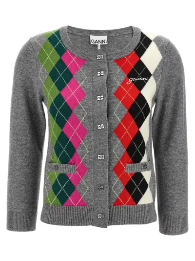 Ganni Argyle-pattern Logo-embroidered Cardigan In Multi