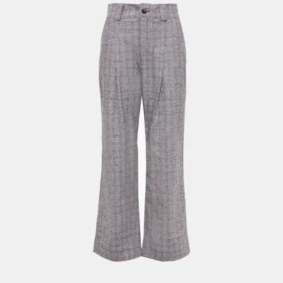 Pre-owned Ganni Grey Checked Cotton-blend Straight-leg Trousers Xs (eu 34)