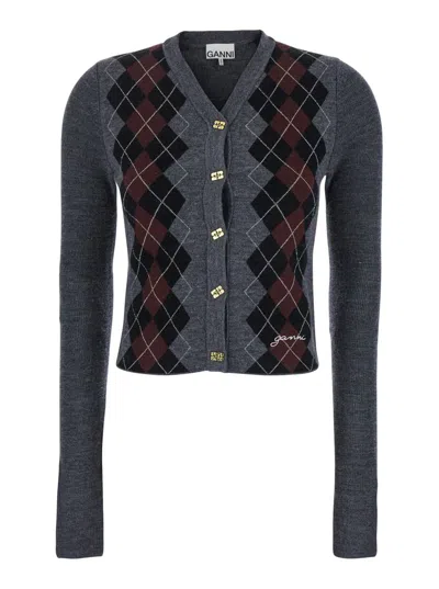 Ganni Grey Cropped Cardigan Wih V Neck And Checkmotif On The Front In Wool Woman In Gray