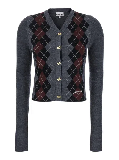 Ganni Grey Cropped Cardigan Wih V Neck And Checkmotif On The Front In Wool Woman In Gray