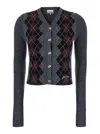 Ganni Grey Cropped Cardigan Wih V Neck And Checkmotif On The Front In Wool Woman In Gray