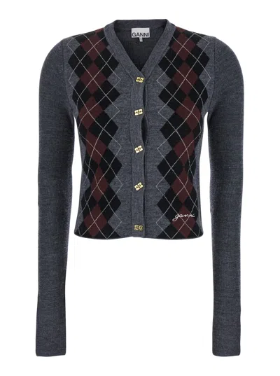 Ganni Grey Cropped Cardigan Wih V Neck And Checkmotif On The Front In Wool Woman In Gray