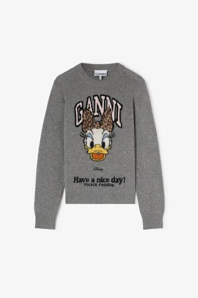 Ganni Grey Daisy Duck Graphic Wool Jumper In Gray