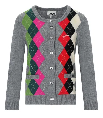 Ganni Argyle-pattern Logo-embroidered Cardigan In Multi