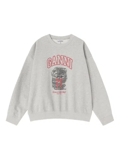 Ganni Grey Graphic Crew Neck Sweatshirt In Transparent