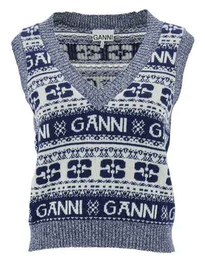 Ganni Grey Graphic V-neck Vest In Wool Blend Woman In Blue