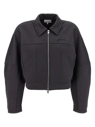 GANNI GREY HEAVY TERRY JERSEY BOMBER JACKET