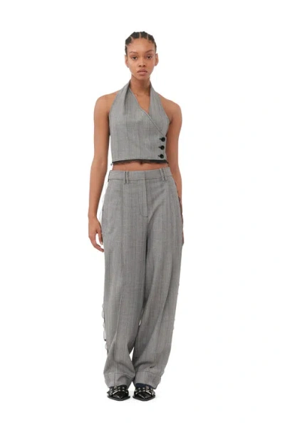 Ganni Grey Herringbone Suiting Pleated Trousers In Frost Gray