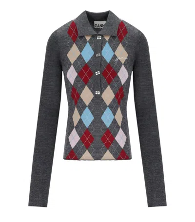 GANNI GANNI GREY JACQUARD POLO SWEATER