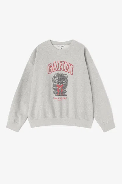 Ganni Grey Kitty Sweatshirt - Size L Organic Cotton In Gray