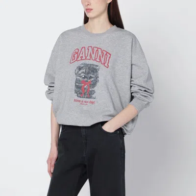 Ganni Grey Kitty Sweatshirt With Logo Print In Gray