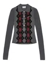 Ganni Grey Sweater With Classic Collar And Check Motif On The Front In Wool Woman In Gray