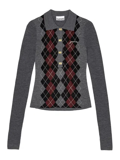 GANNI GREY KNITTED POLO SHIRT