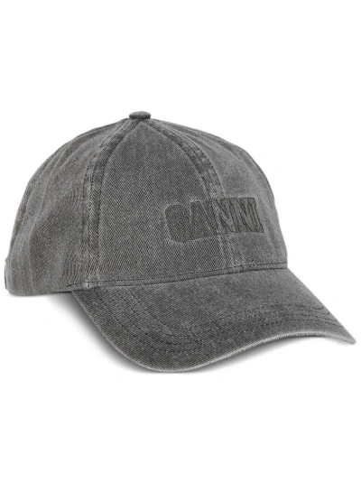 Ganni Logo-embroidered Denim Cap In Grey