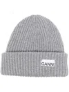 Ganni Melange Grey Logo Beanie In Grey